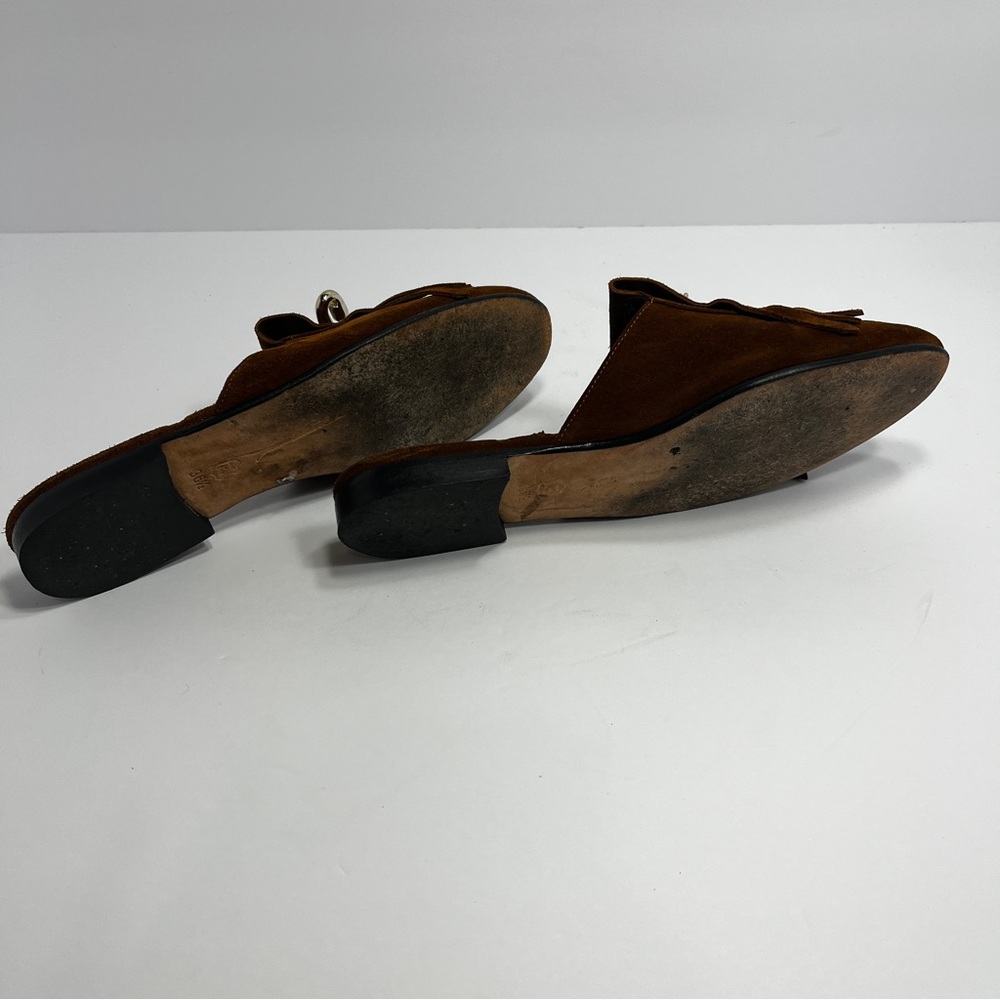 Brian Atwood Luna Brown Safety Pin Fringe Suede Mule Slides SZ 6.5 - Picture 6 of 7